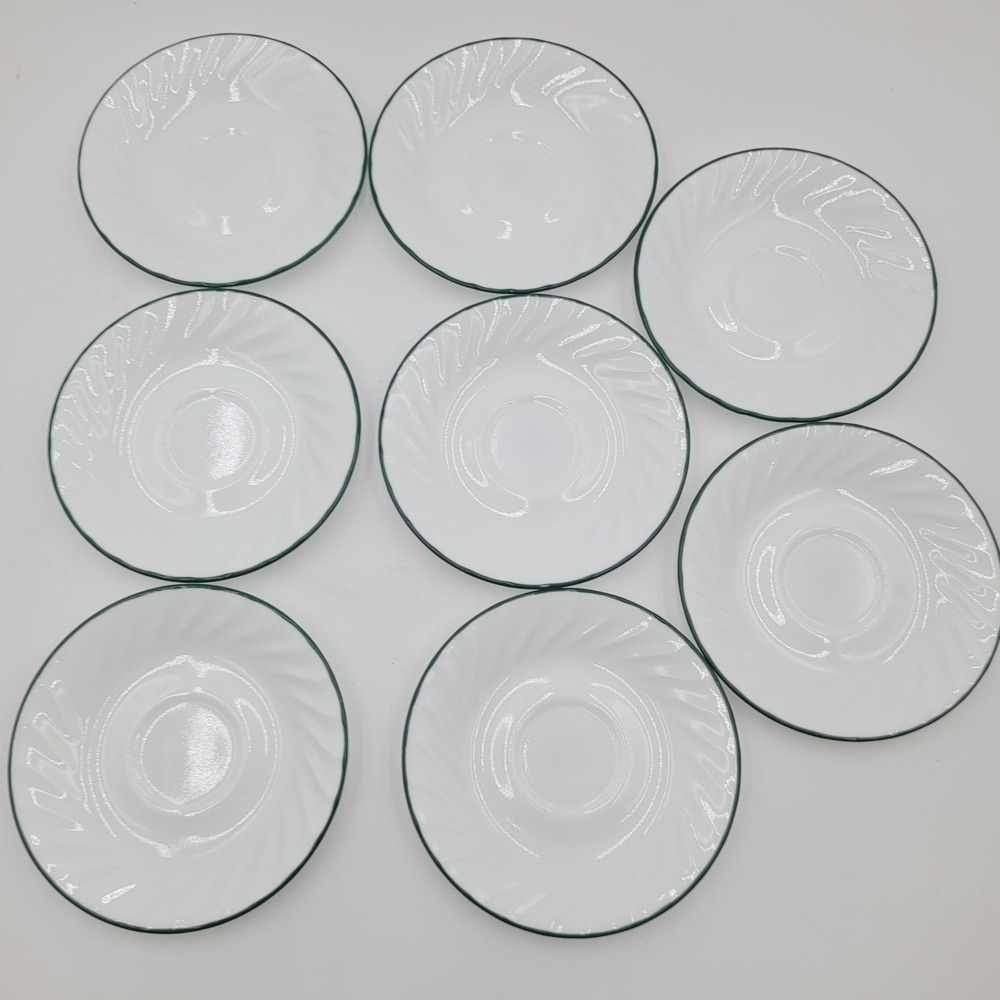 Corelle Classic Cafe Emerald‎ Green Saucers Set of 8 Vitrelle White Swirl 6.25"